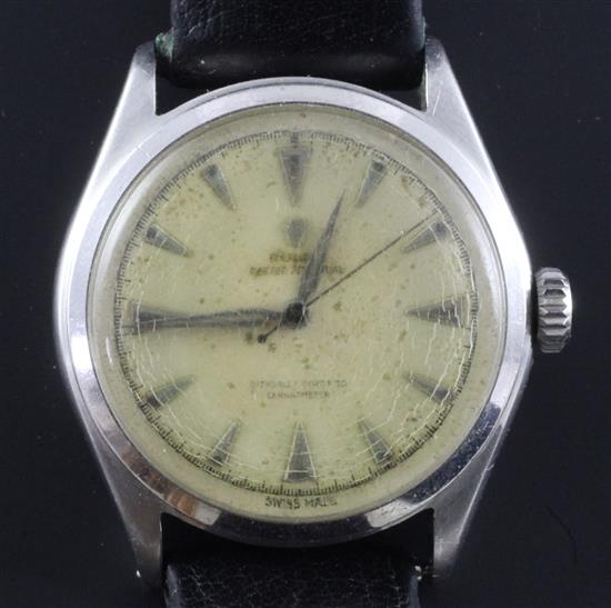 A gentlemans 1950s stainless steel semi-bubble back Rolex Oyster Perpetual wrist watch,